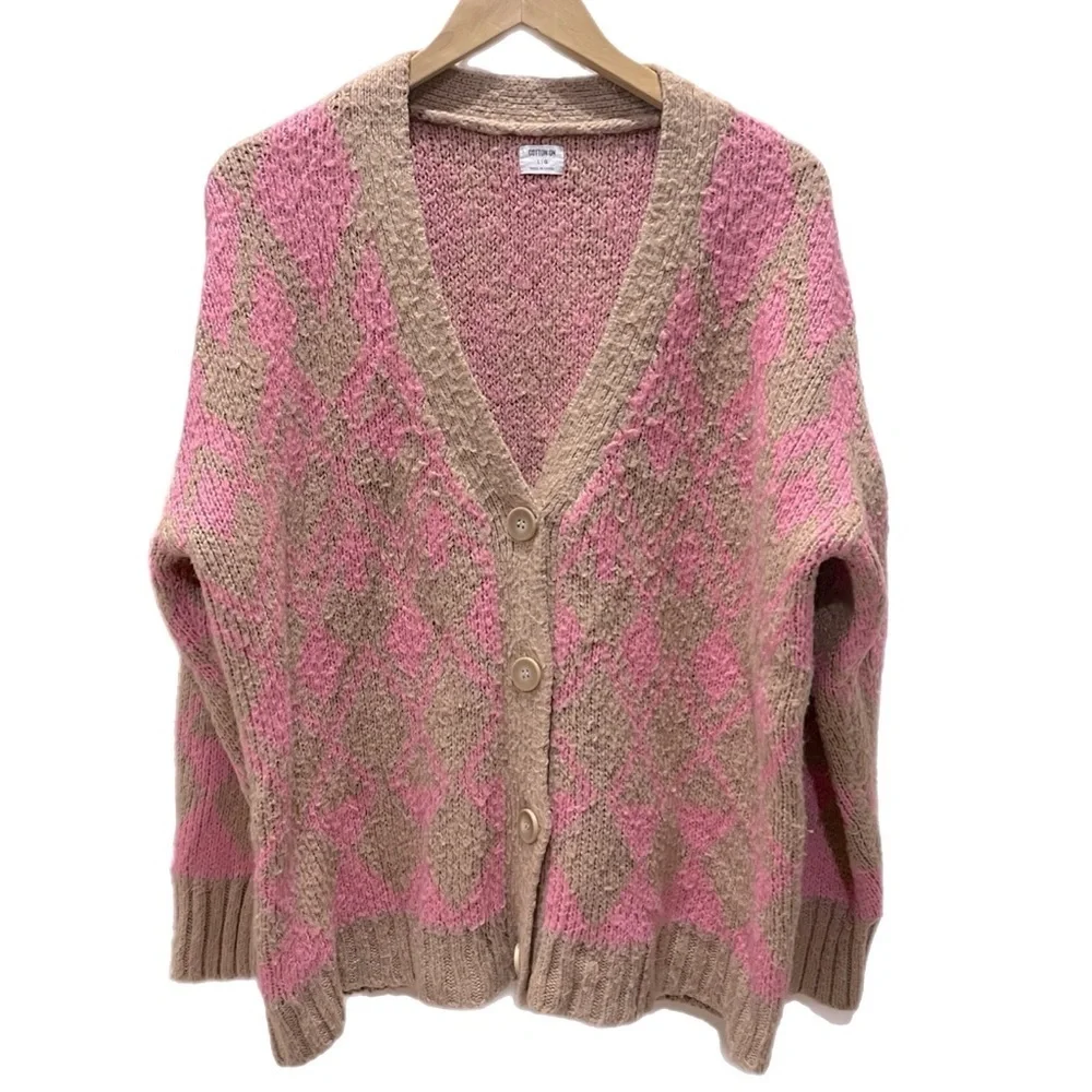 Cotton-on Super Soft and Fuzzy Cardigan Sweater in Pink and Tan Print Size Large